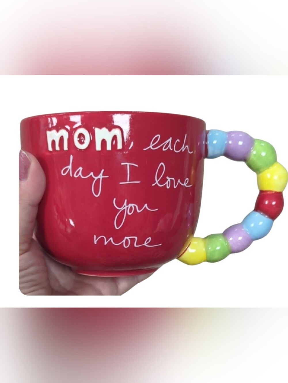 Beautiful Red Ceramic Mom I Love You Mug w Multicolor Beaded Handle. Mothers Day